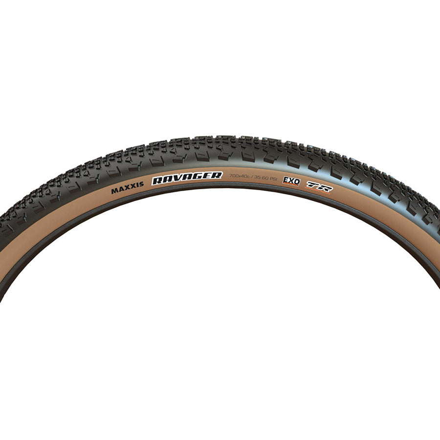 Maxxis, Ravager, Gravel Tire, 700x40C, Folding, Tubeless Ready, Dual, EXO, 60TPI, Tanwall
