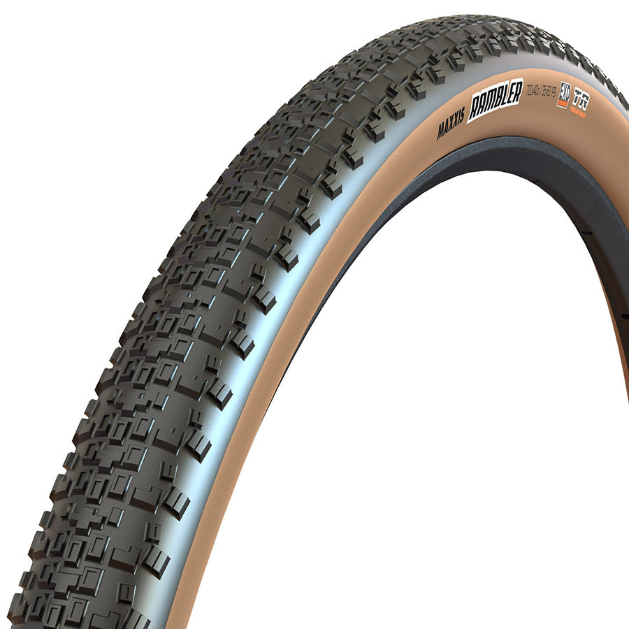 Maxxis, Rambler, Gravel Tire, 700x45C, Folding, Tubeless Ready, HYPR-X, EXO, 120TPI, Tanwall