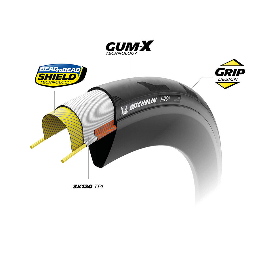 Michelin, PRO5 TLR, Road Tire, 700x32C, Folding, Tubeless Ready, GUM-X, Bead2Bead, 3x120, Black