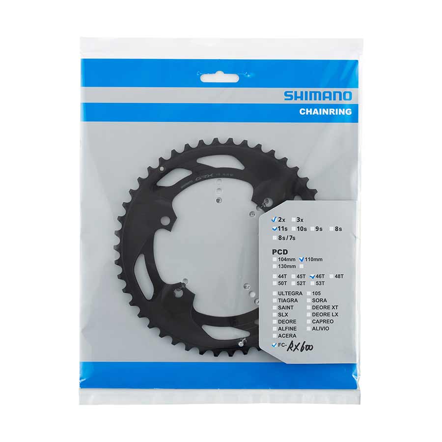 Shimano, GRX FC-RX600 2x10 / 2x11, Chainring, Teeth: 46, Speed: 11, BCD: 110, Bolts: 4, Outer, Aluminum, Black