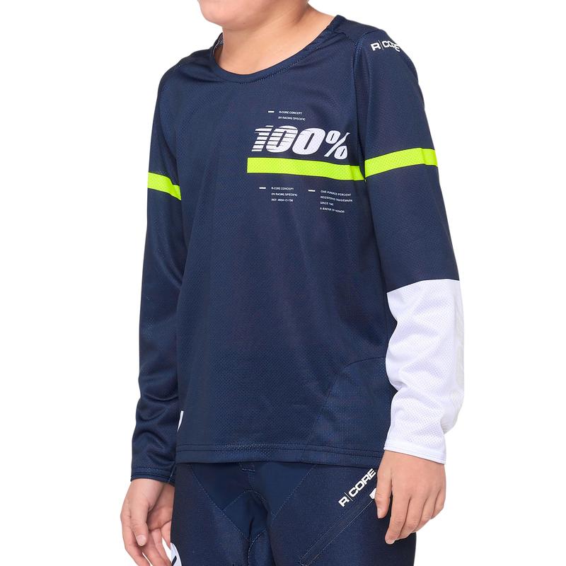 100% R-Core DH/BMX Long Sleeve Jersey, Dark Blue/Yellow, Youth Large