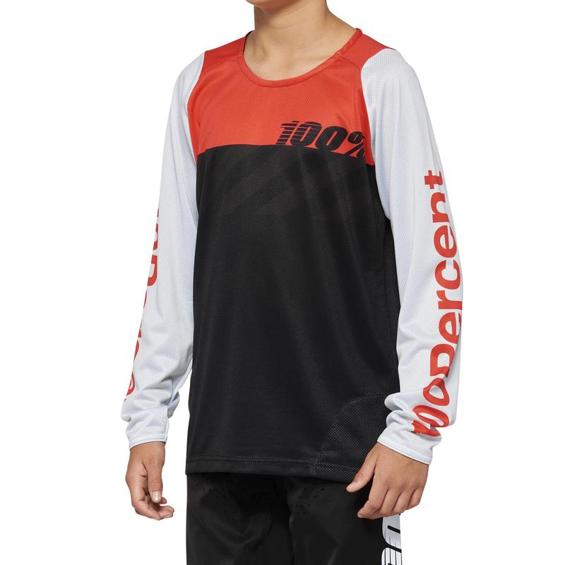 100% R-Core DH/BMX Long Sleeve Jersey, Black/Racer Red, Youth Medium